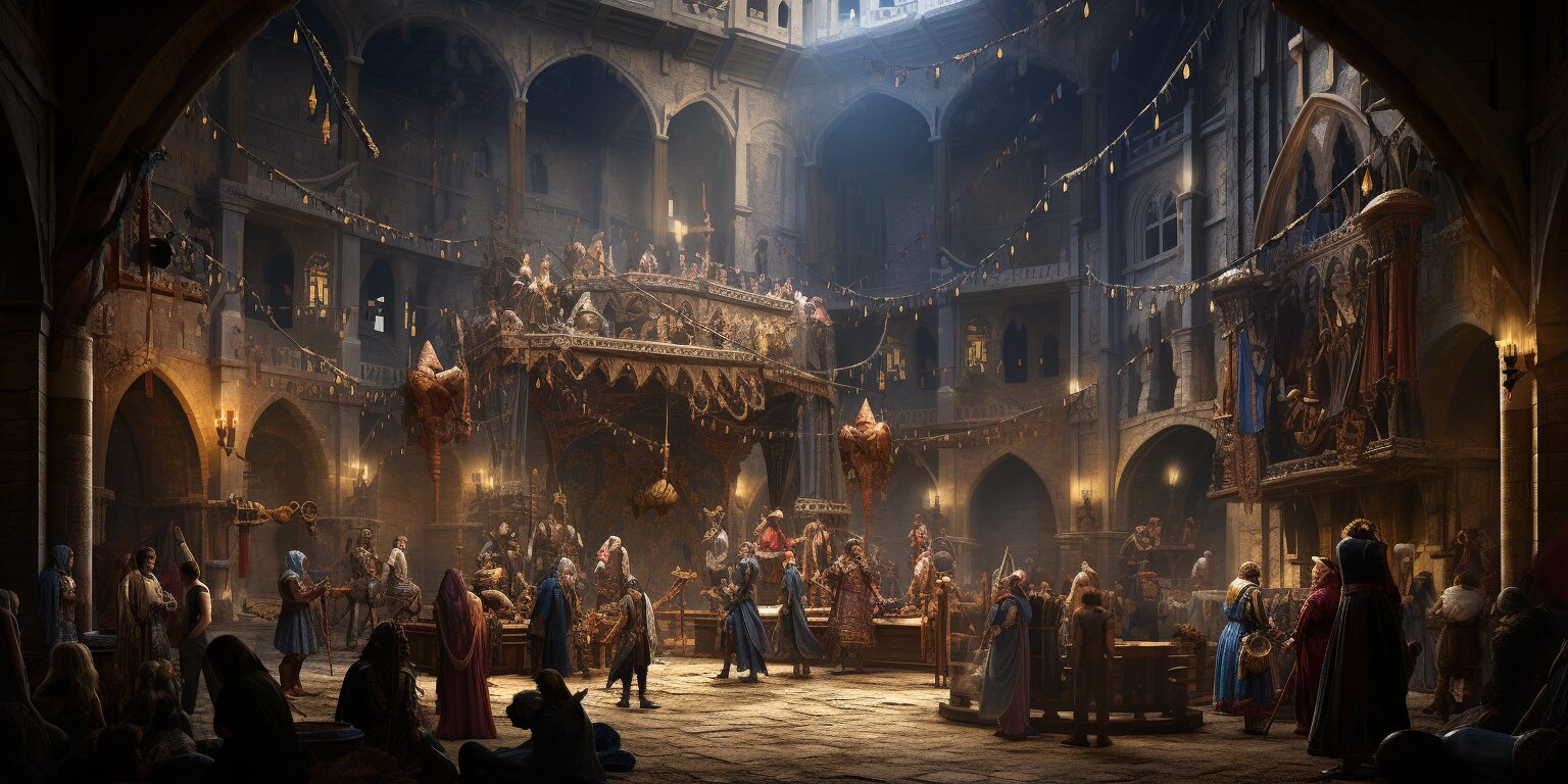 Interior of a crowded fantasy medieval night club