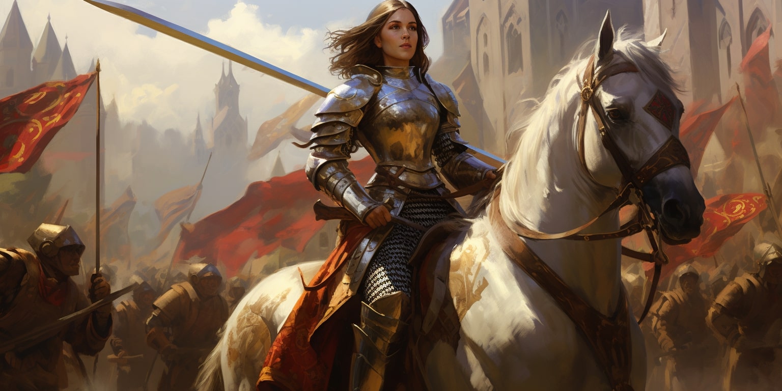  A female knight in medieval armor astride a white horse, holding a sword, with a castle in the background.